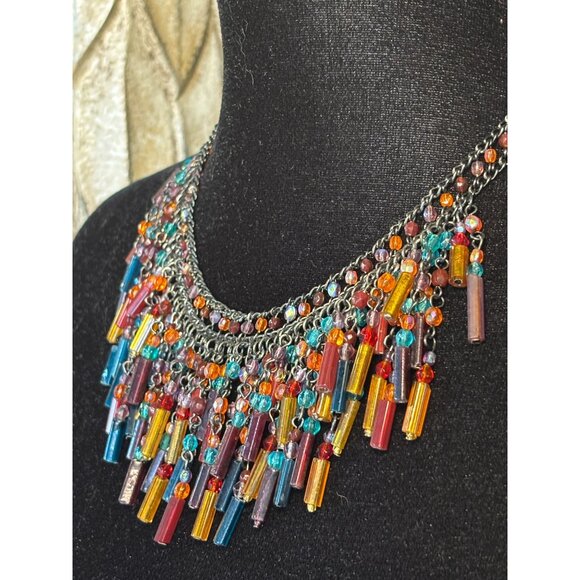 Colorful Beaded Fringe Necklace With Multicolor Glass Tube Beads & Festive Chain - Picture 3 of 9